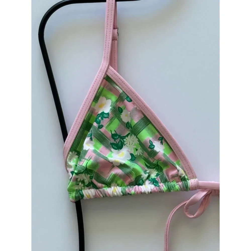 Frankies Bikinis Lumia Plaid Triangle Bikini Top - Baby Daisy - L - NWT